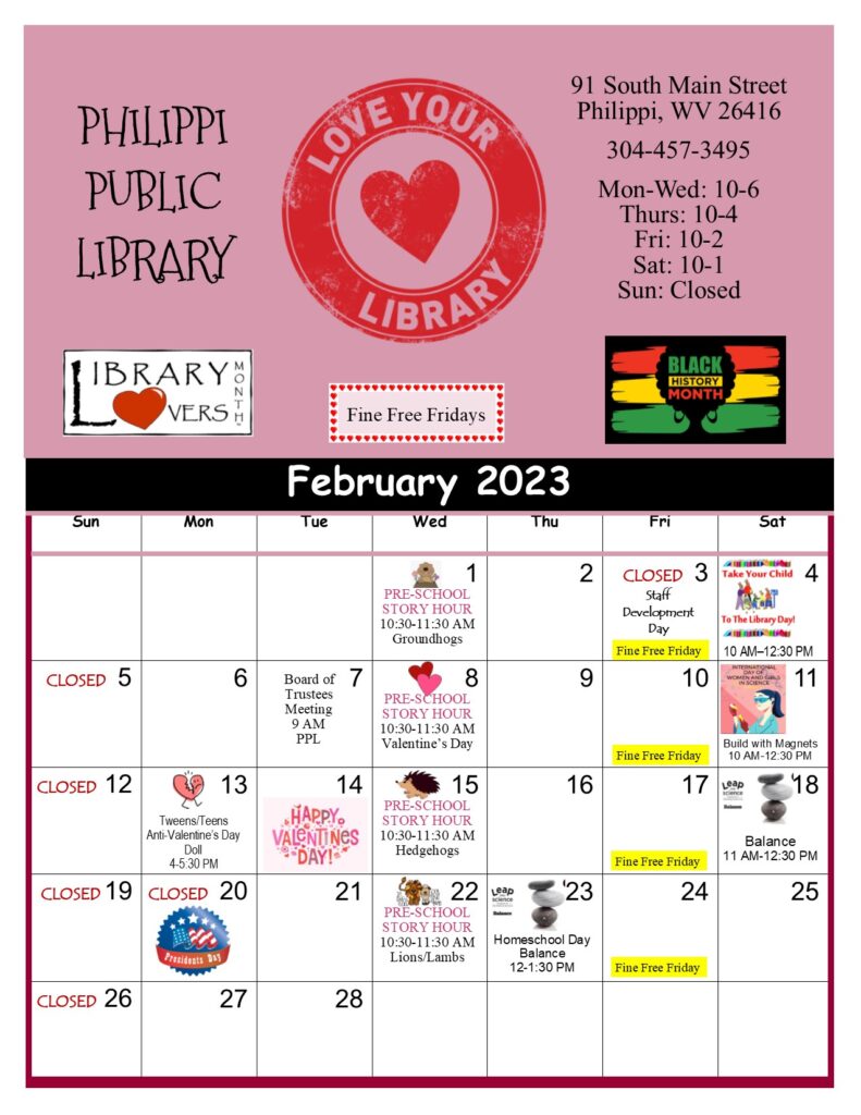Philippi Public Library Calendar of Events February 2023